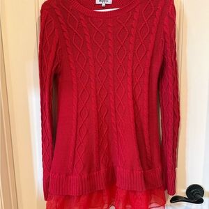 Elegant Red Cable Knit Sweater with Tulle Hem
